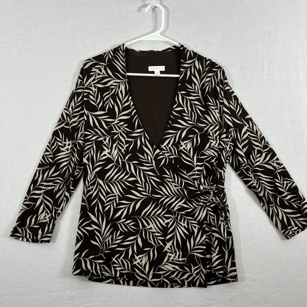 Charter Club Blouse Wrap 3/4 Sleeve Side Clasp Leaf Print Womens L